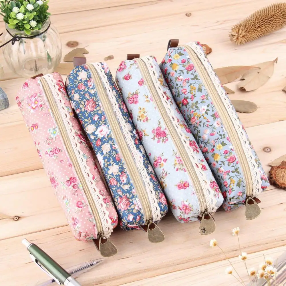 New Hot Fashiong School Girls Flower Lace Floral Pencil Case Pen Bag Purse Cosmetic Makeup Pouch Free Shipping huismerk kopen in de aanbieding