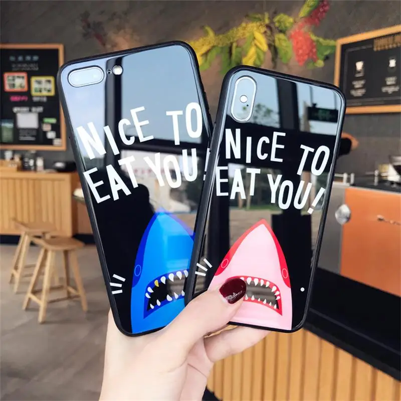 

JAMULAR Phone Case For iPhone 7 XS MAX XR X 8 6 6s Plus Cartoon Shark NICE TO EAT YOU Letter Print Mirror Glass Back Cover Funda
