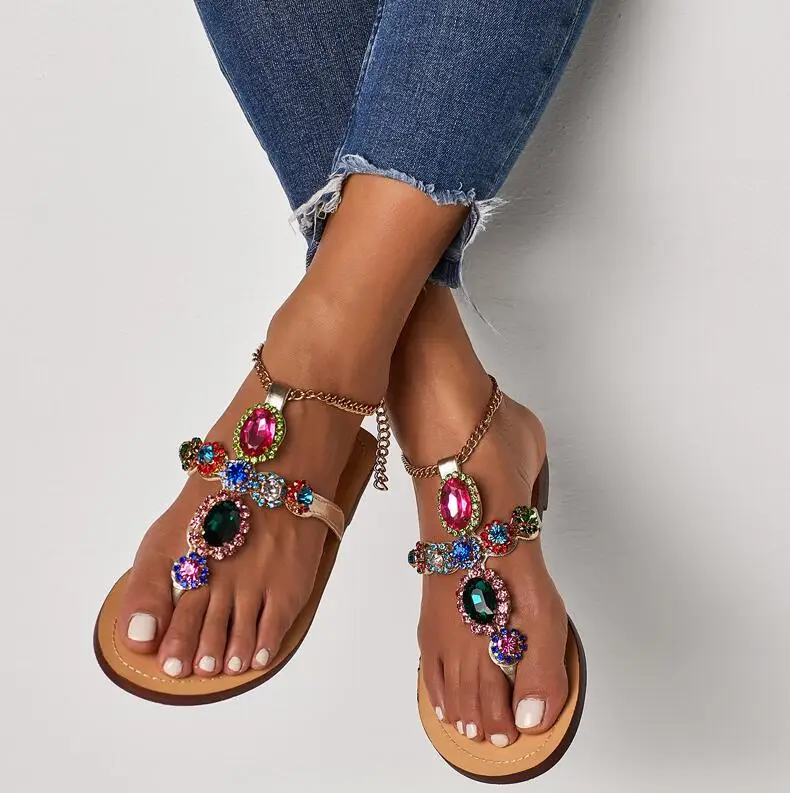 

Plus Size 35-47 Women Sandals Crystal Colorful Rhinestones Chains Thong Flat Heel Sandals Flip Flops Beach Sandals Zapatos Mujer