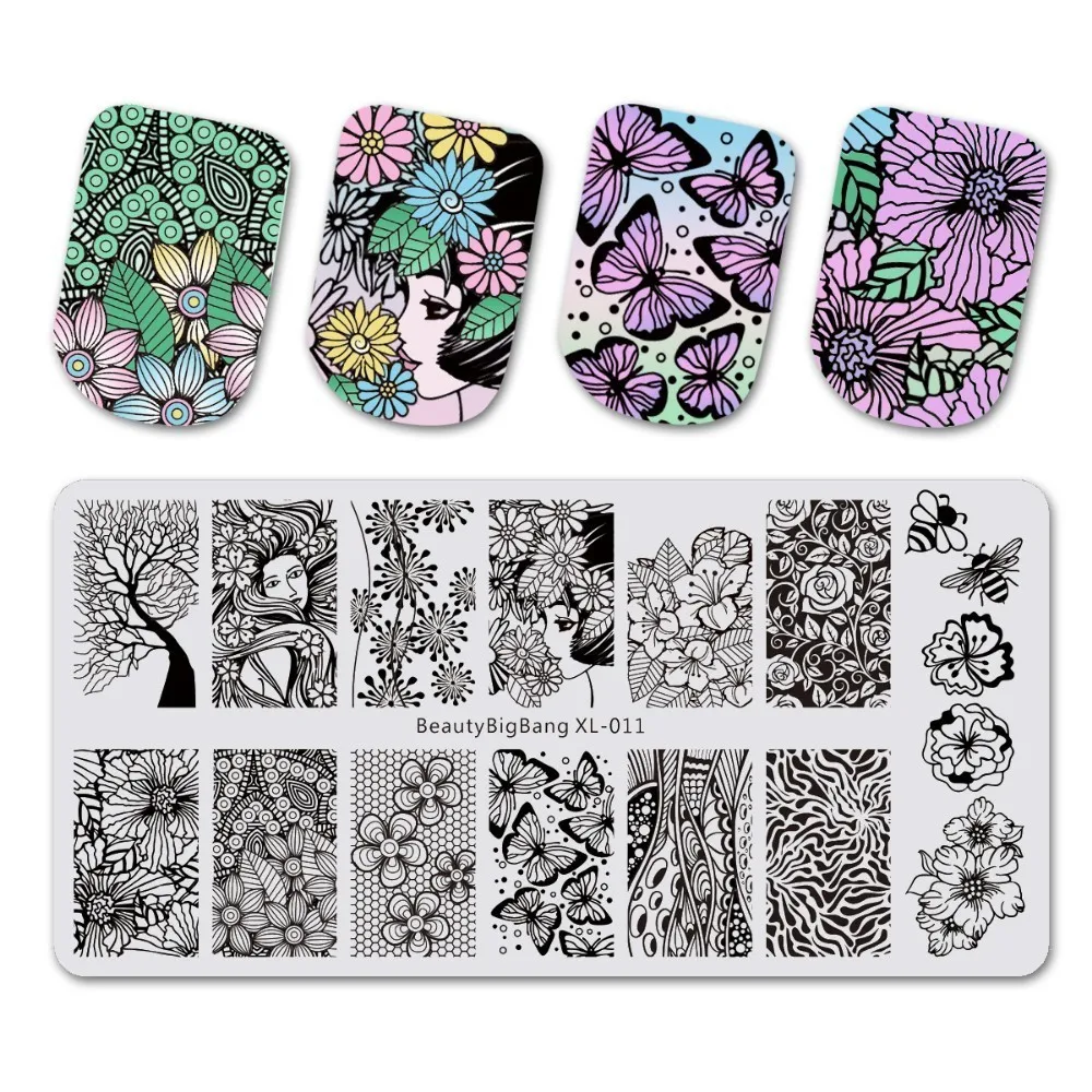 BeautyBigBang 6*12cm Rectangle Nail Stamping Plate Summer Flower Rose Leaves Image Plate Nail Template Nail Art Stencil - Цвет: 11