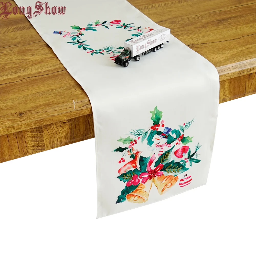 

Durable White Color Satin Cloth Ribbon Embroidery Festival Xmas Bells Table Runner