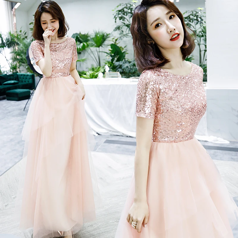 

Beauty Pink Evening Dress 2019 Long Zipper Sequined A Line Formal Party Prom Dress Floor-length Dinner Gowns reflective dress