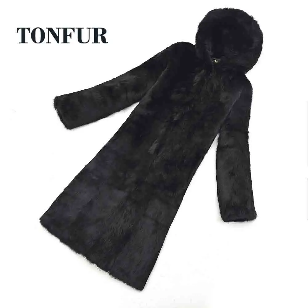 Длинное пальто с капюшоном, 1 м, на заказ, большое и длинное, плюс размер, Фабрика, пальто с кроличьим мехом, женская зимняя верхняя одежда, WSR266 - Цвет: Черный