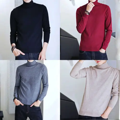 

Men Winter Warm Casual Solid Slim Basic Polo Knitted Turtleneck Pullover Sweater Undershirt New