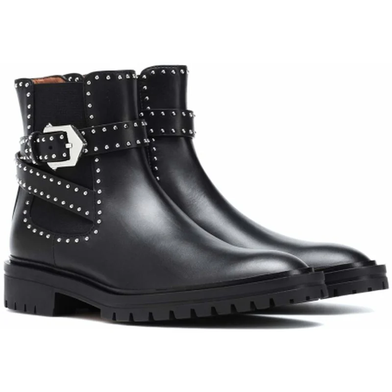 

Genuine Leather Black Cowhide Ankle Boots Womens Shoes Rivet Metal Buckle Chelsea Boots Women Luxury Shoes Women Designers