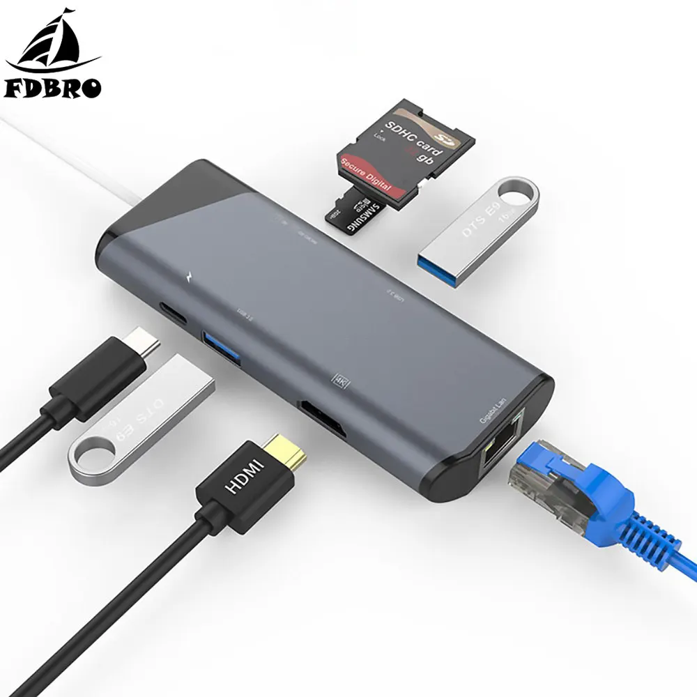 FDBRO для MacBook huawei Mate10/P20 type-C USB C концентратор HDMI 4K RJ45 1000M Thunderbolt 3 адаптер с PD SD/TF кард-ридер