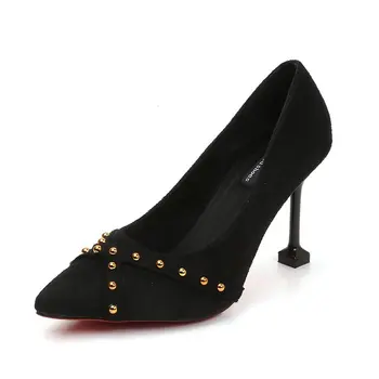 

Pumps 2019 Suede solid color pointed stiletto heels Rubber rivet shallows sneakers Low to help wear Korean fashion shoes
