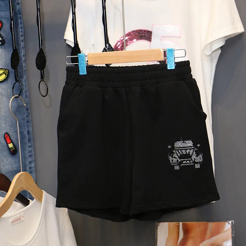 

Hot drilling shorts women sunmer motion shorts 2019 new Casual Pure cotton Elastic trousers Loose waist Hot shorts C1061