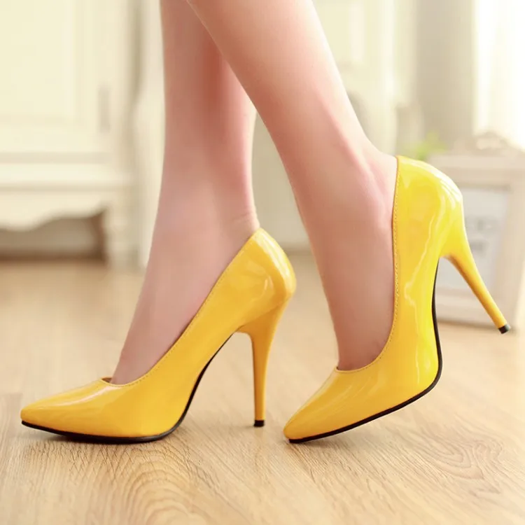 Большой размер 11, 12, 13, 14, 15, 16, 17, женская обувь на высоком каблуке женские туфли-лодочки обувь на высоком каблуке с острым носком неглубокие и тонкие каблуки - Цвет: Цвет: желтый