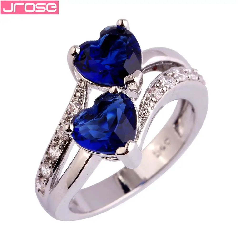 JROSE обручальное серебряное кольцо с двойным сердцем, разноцветное, белое, синее, красное, с кубическим цирконием, размеры 5, 6, 7, 8, 9, 10, 11, 12, 13 для женщин - Цвет основного камня: Синий