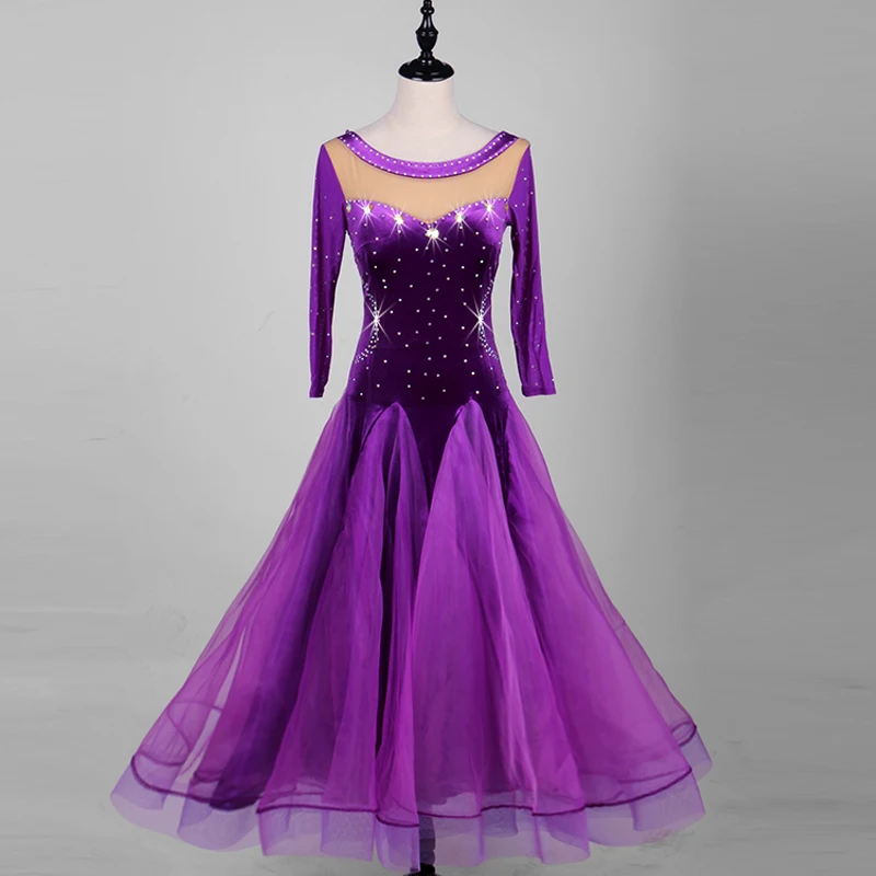 New Velvet Ballroom Dance Costues Senior Diamond Long Sleeves Ballroom