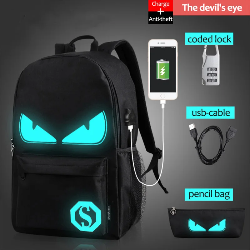 

USB Charge Computer Anti-theft Laptop Backpack School Backpack Student Luminous Animation School Bags For Teenager mochila