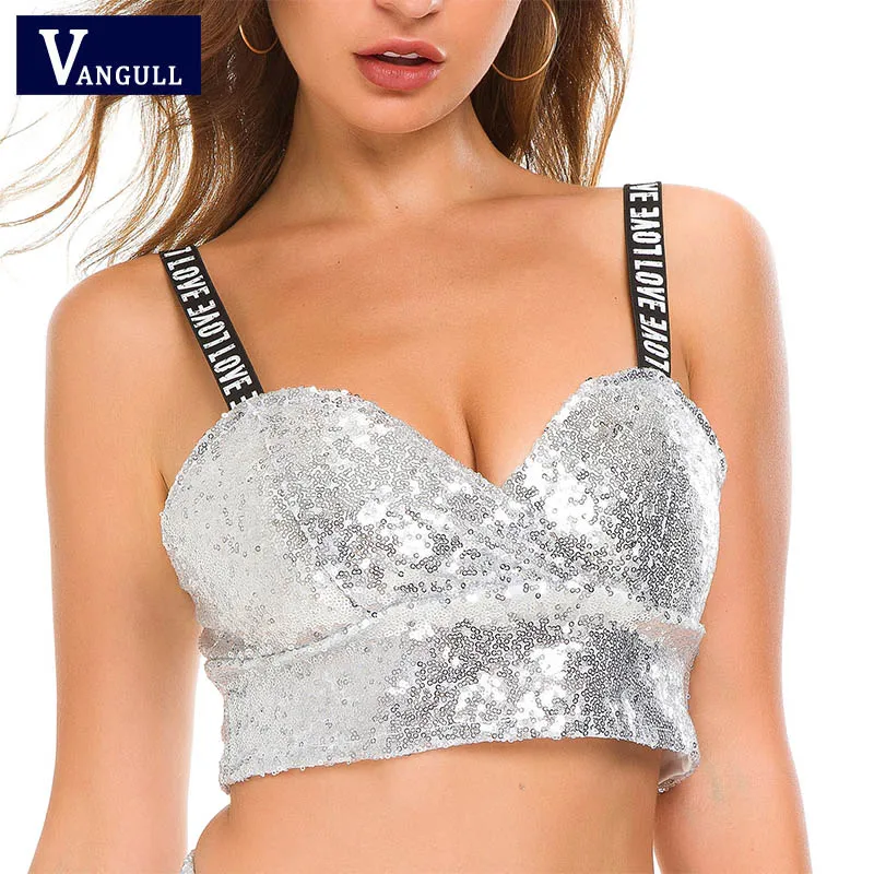 Vangull Блестящий ночной клуб с открытой спиной расшитый блестками Bralette женские сексуальные майки блестящая танцевальная праздничная одежда обрезанный Женский Топ Бюстье - Цвет: Серебристый