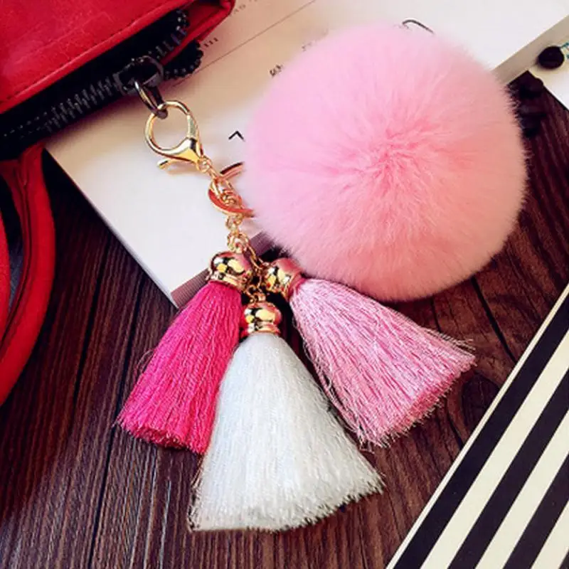 

New Women Tassel hairball key chain pendant Tassel Rabbit Fur Fuzzy Ball Pompom Keychain Bag Big Charm Key Ring