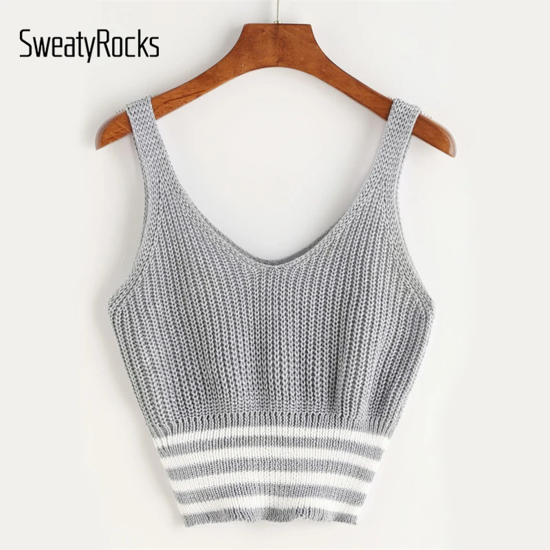 

SweatyRocks Marled Knit Double V Neck Striped Hem Tank Top Grey Patchwork Casual Crop Top Vest Workout Top Vest For Women