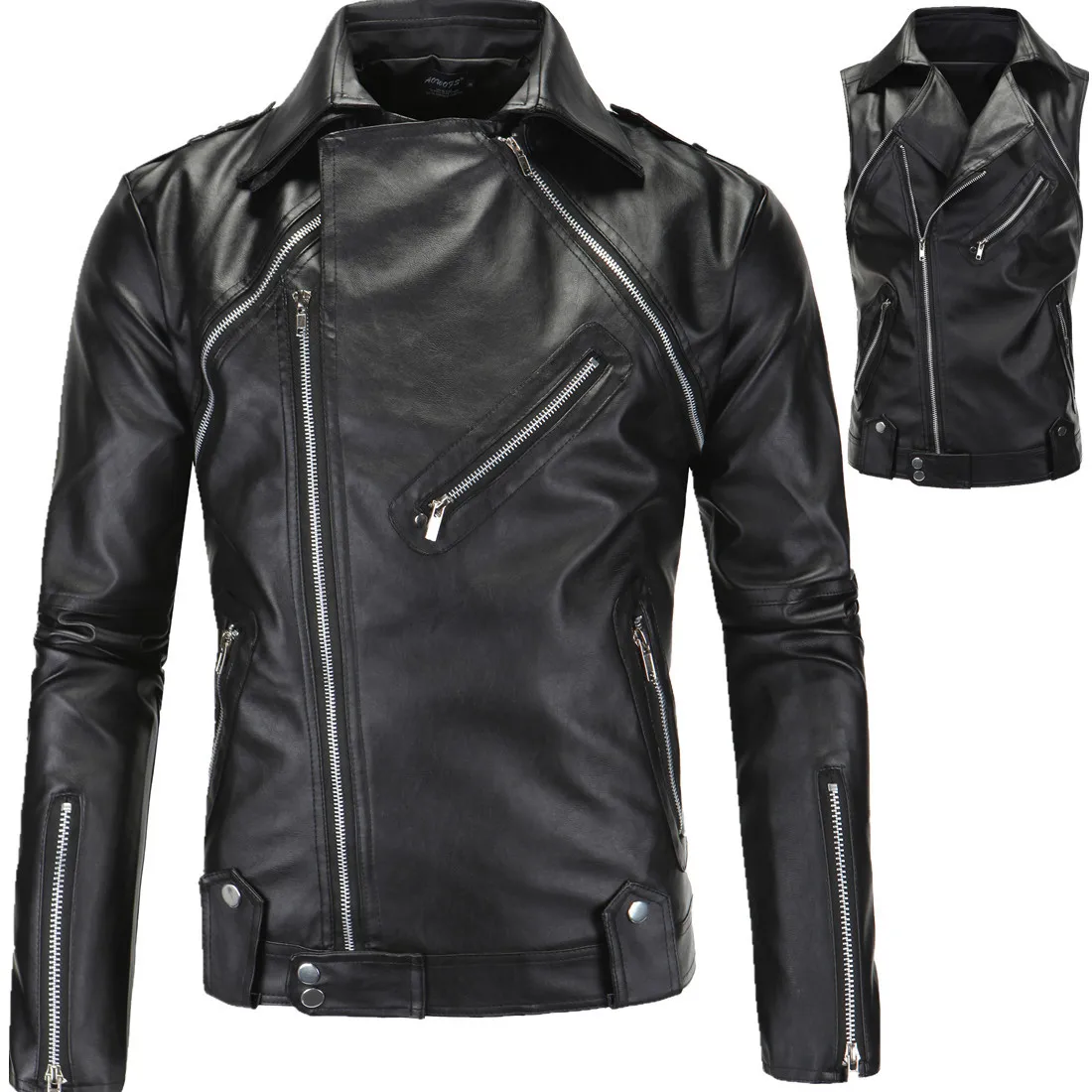 New Men's 2 piece sleeve design leather multi zipper leather jacket in