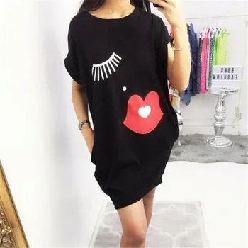 

Summer Women Short Mini Dress 2019 Summer Short Sleeve Casual Loose Tunic Boho Dress Eyelash Lips Pattern Ethnic Baggy Dresses