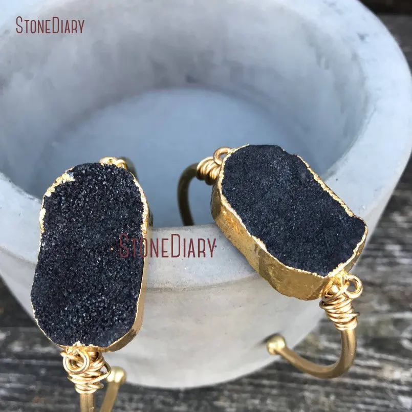 Богемский черный Druzy браслет овальный Geode Druzy браслет с позолотой гальванический Браслет-манжета BM11255
