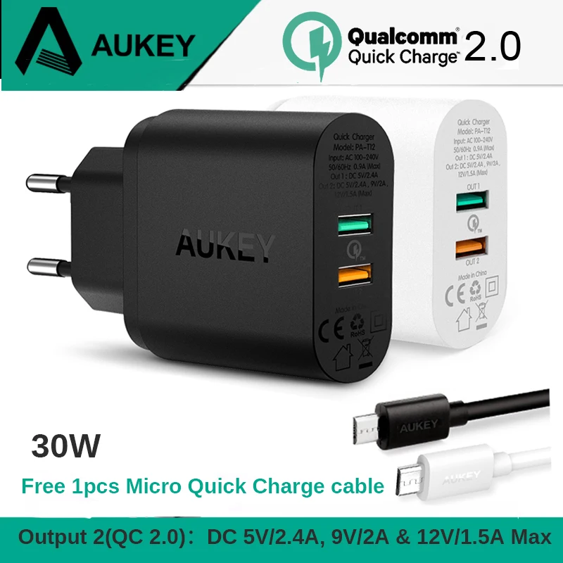 AUKEY 30 Вт 2 порты, для мобильных телефонов зарядное устройство QC 2,0 Quick Charge USB настенное двухпортовое зарядное устройство универсальное дорожн...