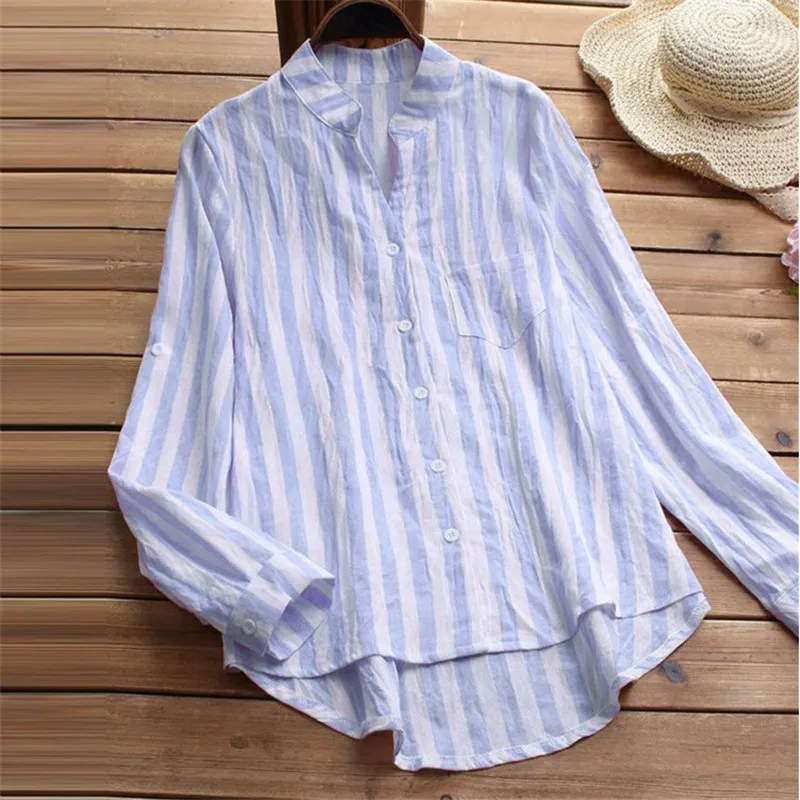 

New Womens Blouses Summer Blue Pink Striped V Neck Loose Pretty Baggy Tops Tunic 2019 Newest Hot Sale camiseta mujer ropa mujer