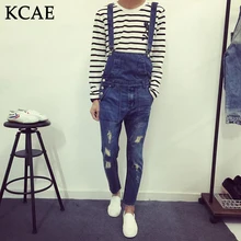 Fashion Bib Denim Overalls For Men 2015 Summer Long Solid Blue Slim Cowboy Overall Cotton Hole