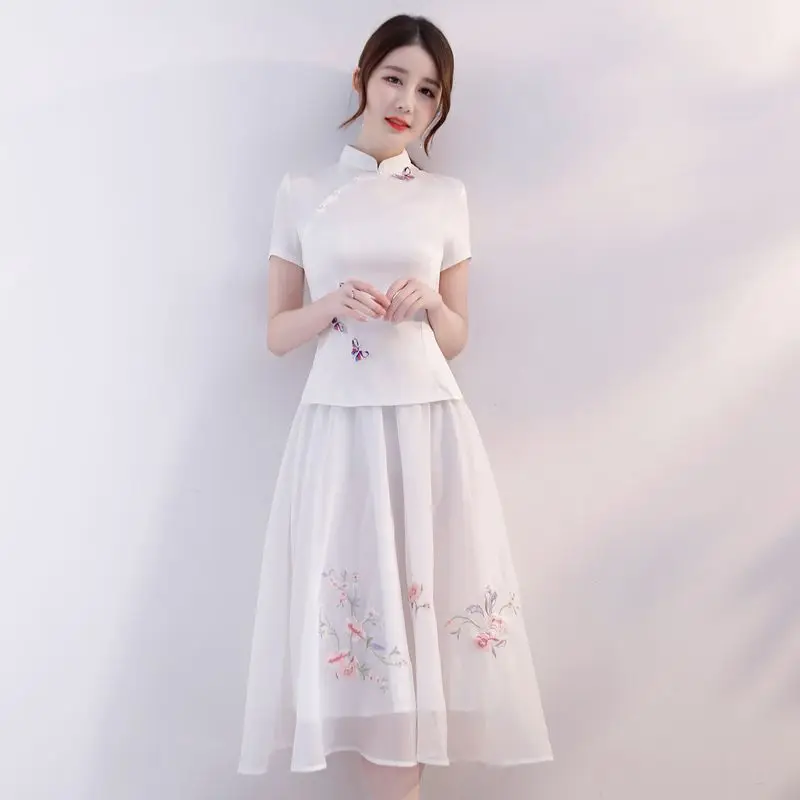

2018 white Summer Womens Blouse Skirt 2pc Sets Traditional Chinese style Shirt Suit Mandarin Collar Cheongsam Qipao Dress S-XXL