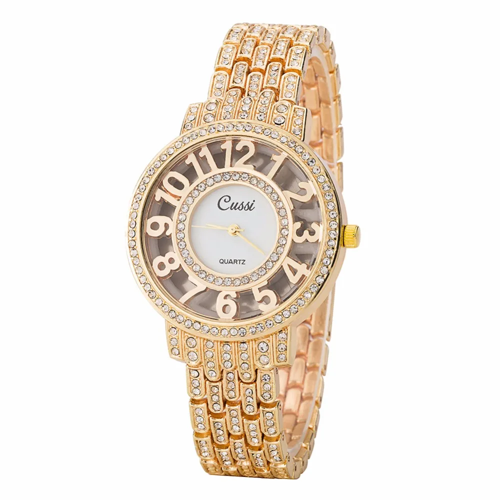 

CUSSI 2018 Creative Womens Watches Gold Luxury Rhinestone Ladies Bracelet Watches Dress Quartz Wristwatch relogio feminino Gifts