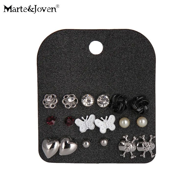 Marte&ampJoven Wholesale New Punk 9 Pairs Mixed Silver Color Heart Skeleton White Butterfly Stud Earring Sets For Women | Украшения и