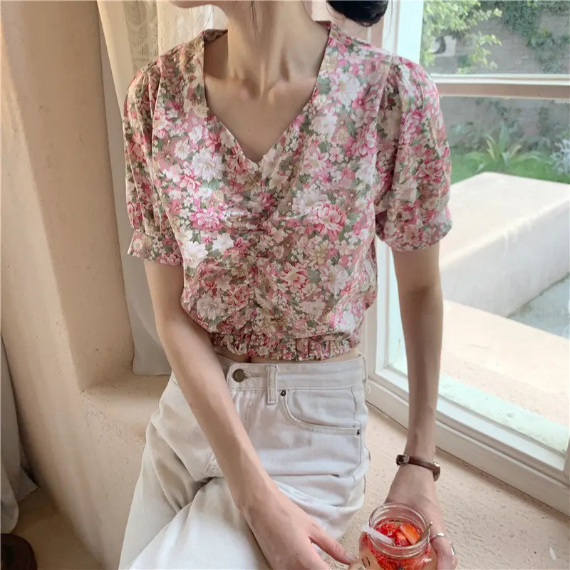 

Alien Kitty 2019 Summer Vintage Sweet Print Flowers Elegant Casual Women V-Neck High Waist Loose Fashion All-Match Short Shirts