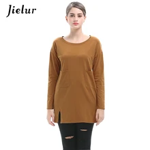 Jielur новые модные женские футболки с длинными рукавами и круглым вырезом однотонные свободные женские футболки с разрезом Карманы Черный верблюжий Топ m-xxl