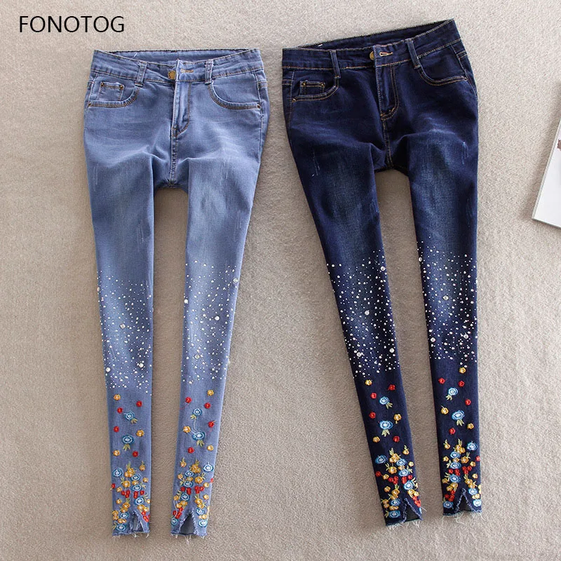 2018 spring new diamond embroidered women's jeans flower sequin
