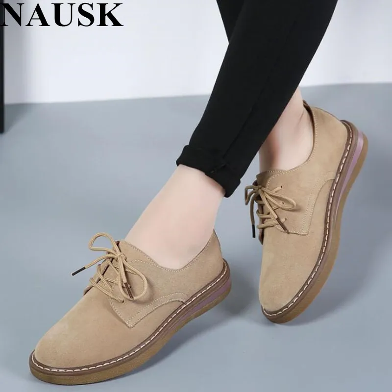 

NAUSK2019 Spring Women Sneakers Oxford Shoes Flats Shoes Women Leather Suede Lace Up Boat Shoes Round Toe Flats Moccasins
