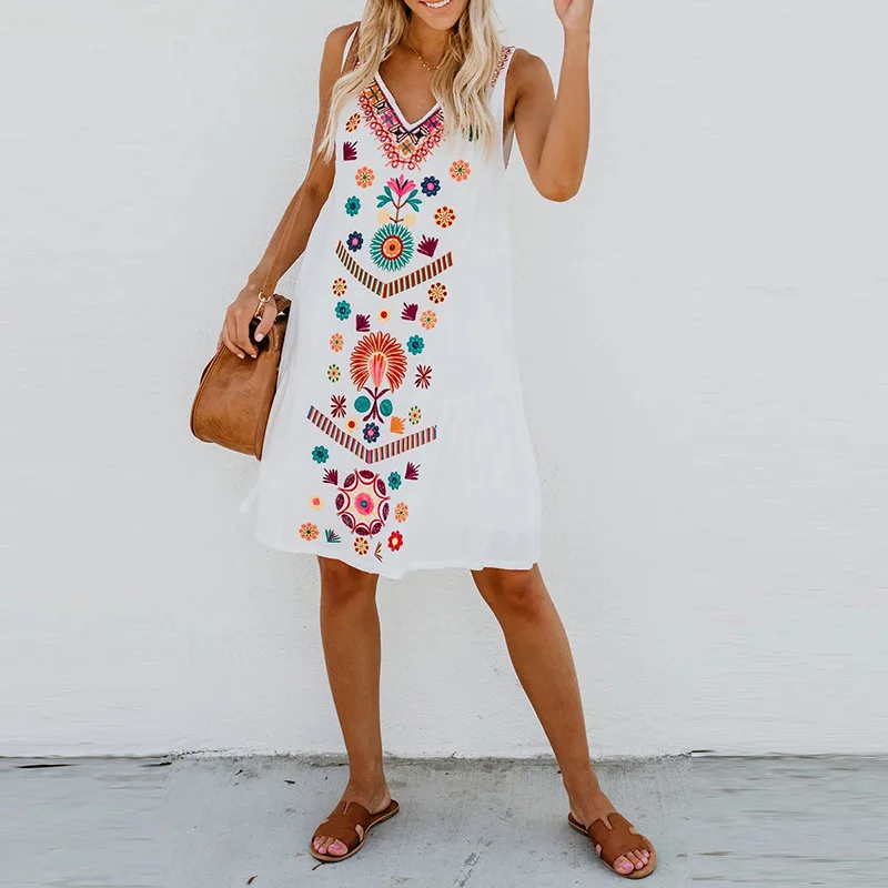 Women 2019 Loose Vintage Vest Tank Ruffles Chiffon Befree Dress Large Big Summer Printed Tassel Maxi Beach Dresses Plus Sizes