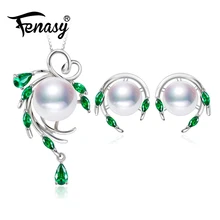 FENASY 925 серебро натуральный жемчуг комплекты украшений для женщин, изумрудные серьги гвоздики, кулон ожерелье Обручальное кольцо Набор