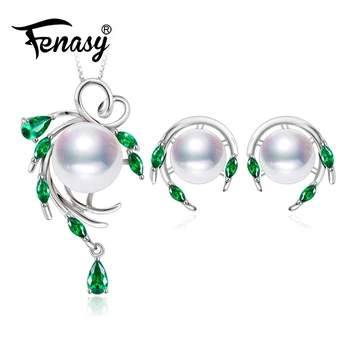 

FENASY 925 Sterling Silver natural pearl jewelry sets for women,Emerald stud earrings,pendant necklace engagement ring set