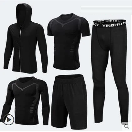 

Men workout at the gym Fitness Sports Sports physical training clothes 5pcs Costumes Running jogging sportswear sports suit