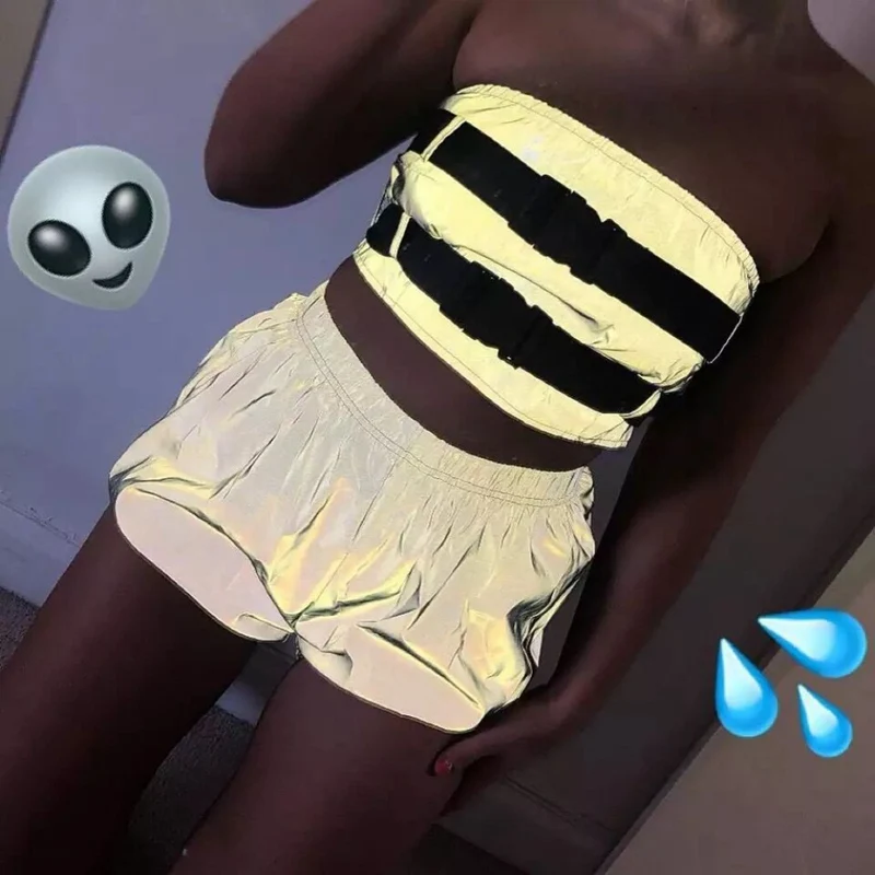 

Women Night Light Reflective Shorts Hip Hop Loose Short Pants Casual Solid Color Shorts Mid Elastic Waist Sexy Shorts Club Wear