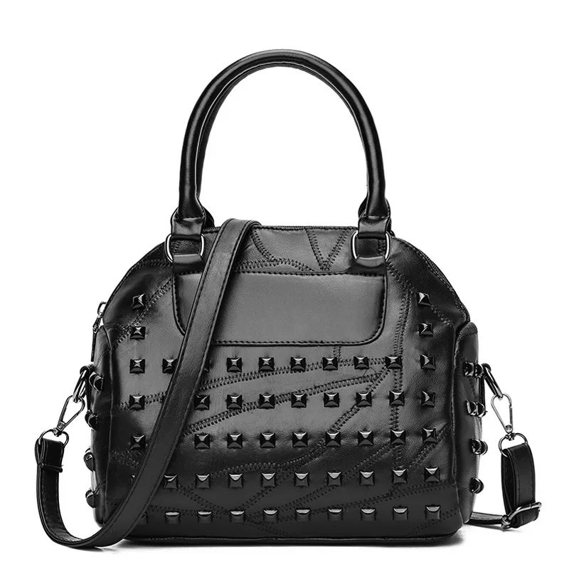 

Fashion Women Patchwork Handbags Female Leather Rivets Black Punk Shoulder Bags Lady Large Capacity Big Shell Bag bolsa feminina