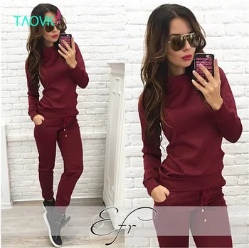 TAOVK design 2016 new fashion Russia style Women Wine red & Apricot-colored , 2-piece Sweatshirt+Long Pant Leisure clothes