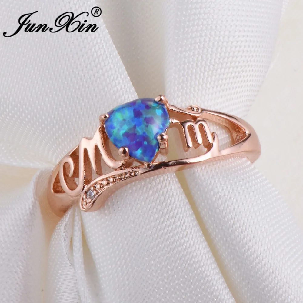 JUNXIN Unique MOM Letter Ring Elegant Heart White Fire Opal Jewelry Vintage Rose Gold Filled Rings For Women Mothers Day Gift