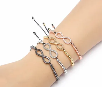 

gold silver micro pave cz Cubic Zirconia rope adjusted Copper Beads Bracelet rn424 eight Charm Braided Bangles Jewelry Women