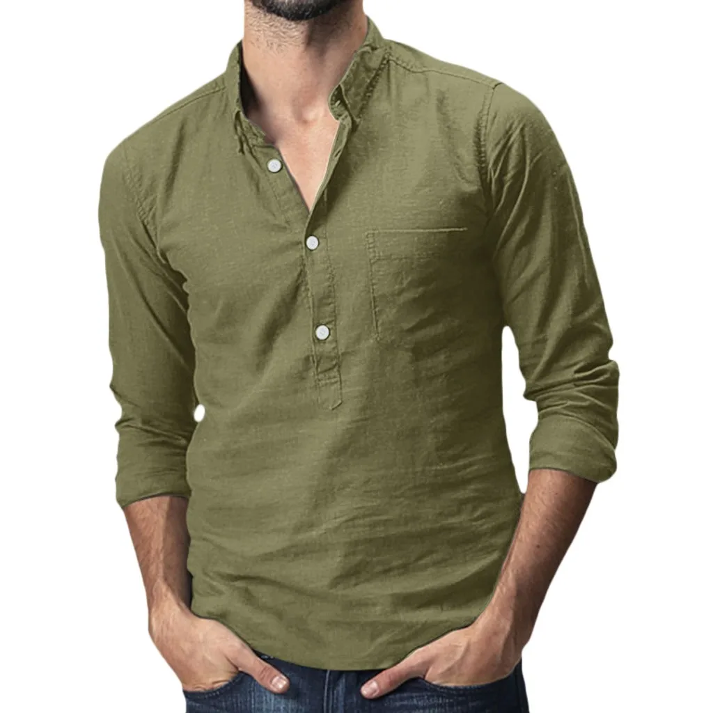5XL Mens Linen Cotton Shirts Long Sleeve Button Standing collar Solid ...