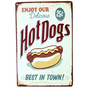 

"Enjoy Our Delicious Hot Dogs Best In Town "Wall Decalsmetal Tin Signs Plate Painting Home Decoration Wall Decor Stickers A259