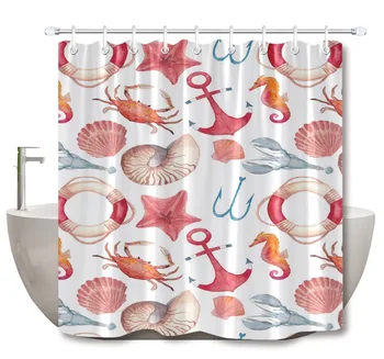 

LB Funny Kids Pink Starfish Shell Anchor Crab White Cartoon Shower Curtain with Mat Waterproof Bathroom Fabric For Bathtub Decor