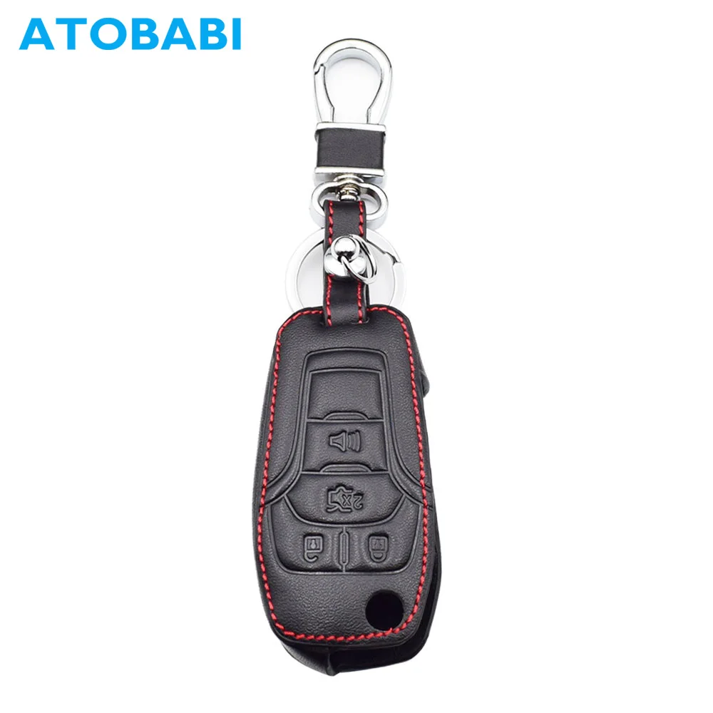 

4 Buttons Genuine Leather Car Key Case Keychain for Ford F-150 W F-250 F-350 Fusion Folding Keyless Remote Key Fobs Shell Cover