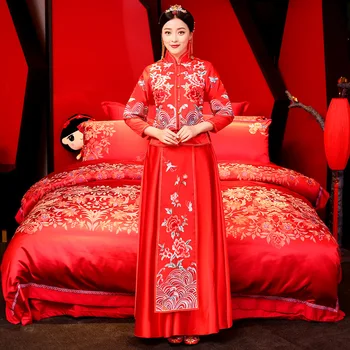 

Oriental Female Marriage Suit Traditional Women Embroidery Floral Cheongsam Vintage Asian Bride Dress RED Classic Qipao XS-XXL