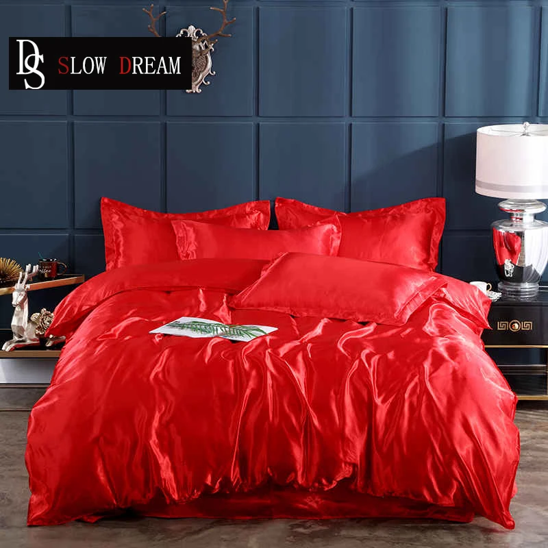 

SLOWDREAM Red 100% Silk Luxury Bedding Set Double Queen King Satin Flat Sheet Bed Linens Euro Decor Home Adult Textiles Bed Set