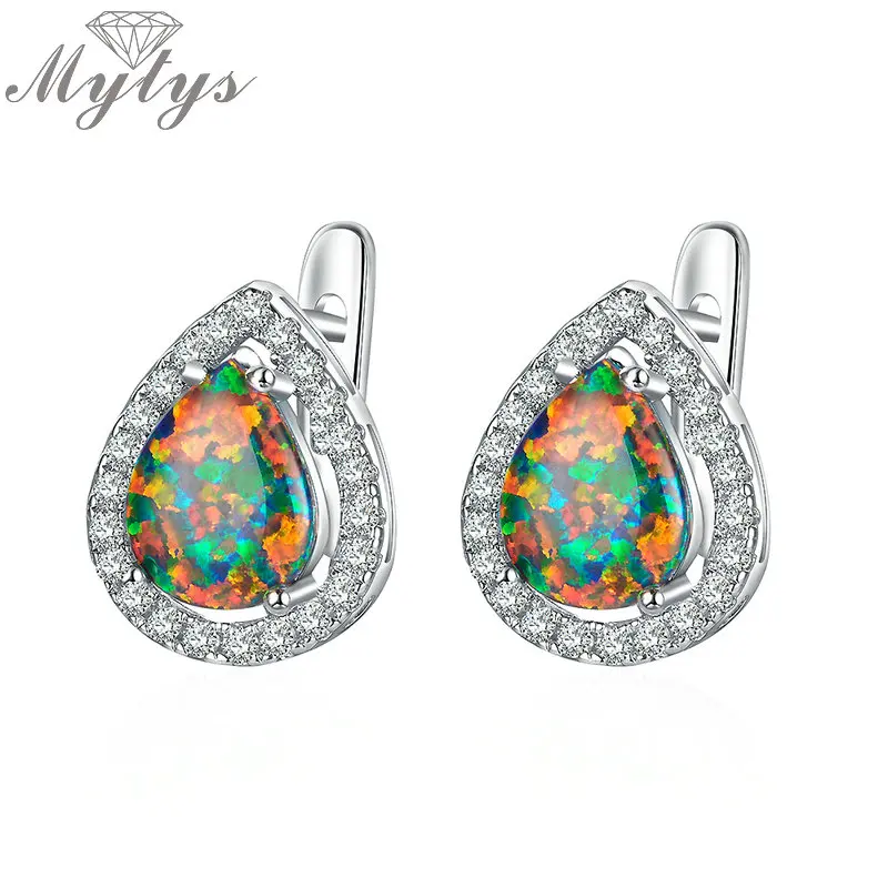 

Mytys Water Drop Green and Maple Red Colorful Opal Earrings for Women Romantic Jewelry CE309