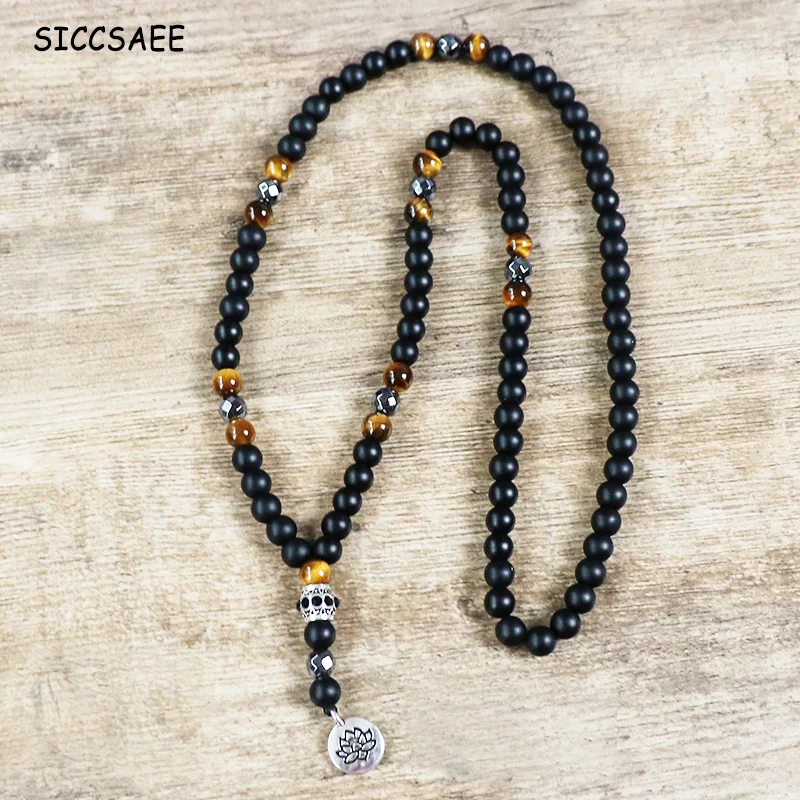 

New Design Tiger Eye Nature Stone Matte Black Mala Beads With Silver Lotus Tree of Lif Buddha Pendant Men Rosary Beaded Necklace