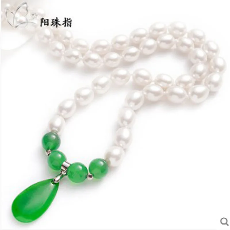 

yangzhuzhi 8-9mm bright white rice freshwater pearl necklace female green manao accessories sweater chain send mom